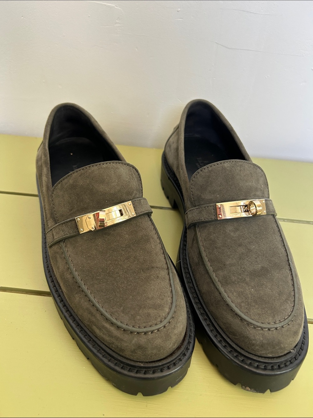 Hermes Icone Olive Suede Loafers with palladium Accent